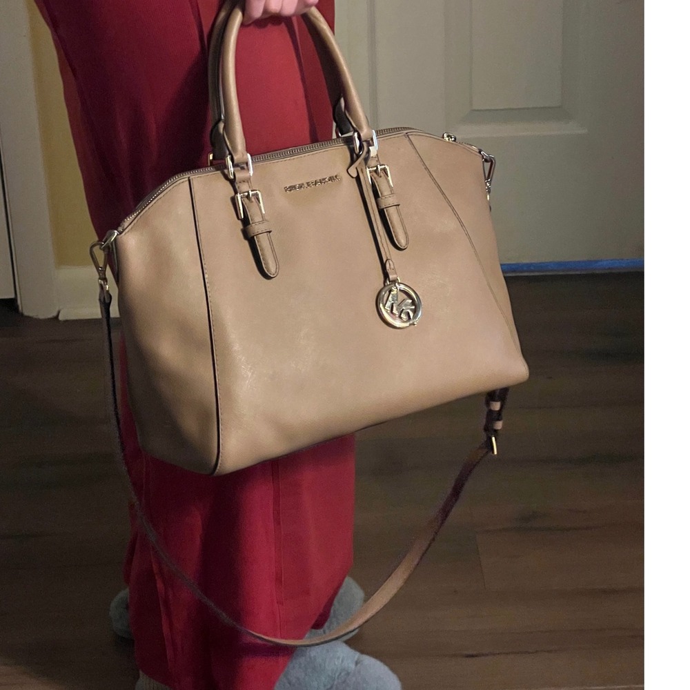 Michael Kors Saffiano Leather Satchel Bag Tan Gold Hardware Crossbody 30S4GTVS6L